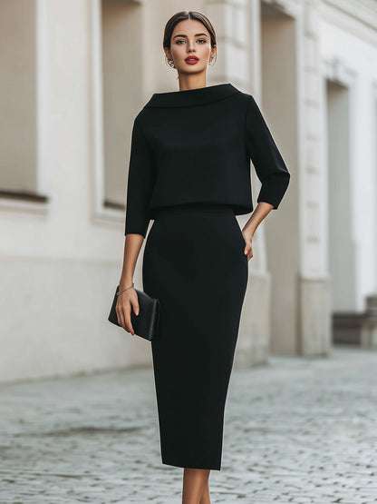 Damen Boot-Ausschnitt Oberteil und Midi-Rock Set