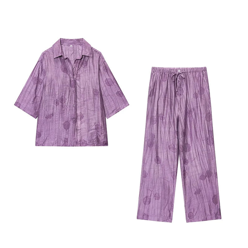 Damen Jacquard Zweiteiler Shirt und Weite-Hosen Set