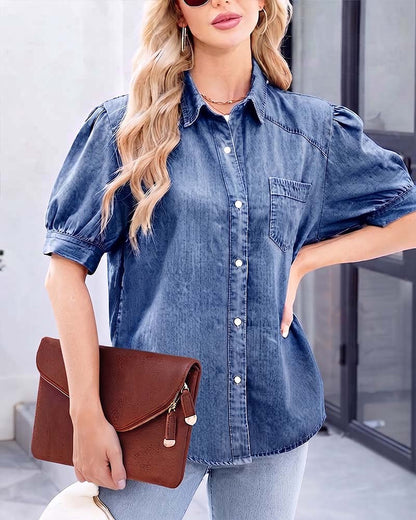 Damen Denimbluse mit Kragen und langen Laternenärmeln im Detail