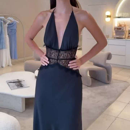Maxikleid mit Neckholder, Spitzenbesatz und rückenfreiem Design