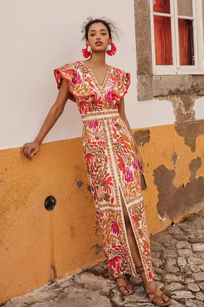 Maxikleid für Damen mit floralem Muster und rückenfreiem Design