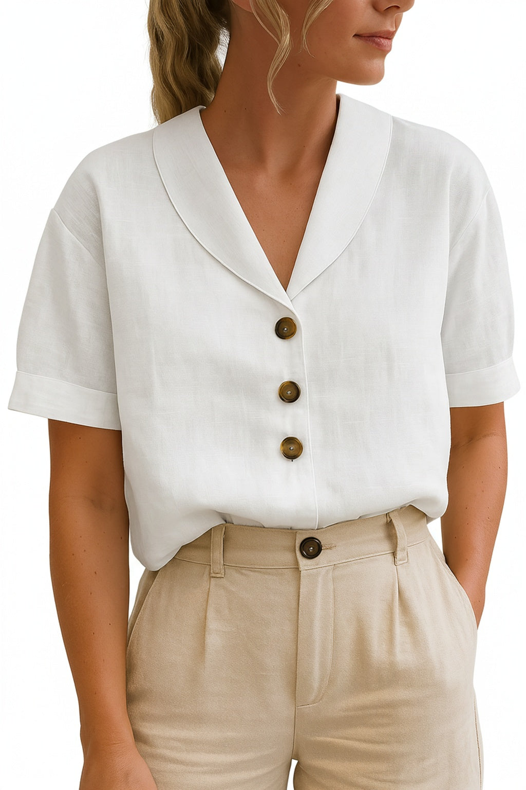 Damenbluse mit kurzem Ärmel, Schalkragen und Knopfleiste