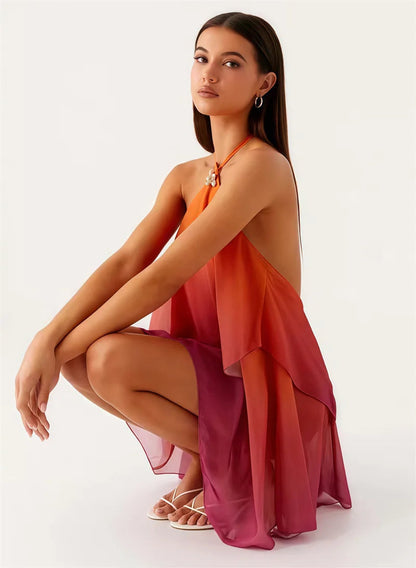 Rosa Farbverlauf Mini Kleid mit Rüschensaum
