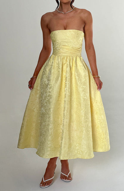 Florales Jacquard trägerloses Midikleid in Zitronengelb