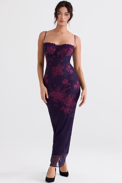 Maxikleid mit Blumenmuster aus transparentem Mesh in Lila