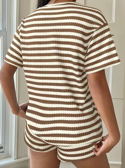 Gestreiftes T-Shirt mit Rundhalsausschnitt und Shorts Freizeitset
