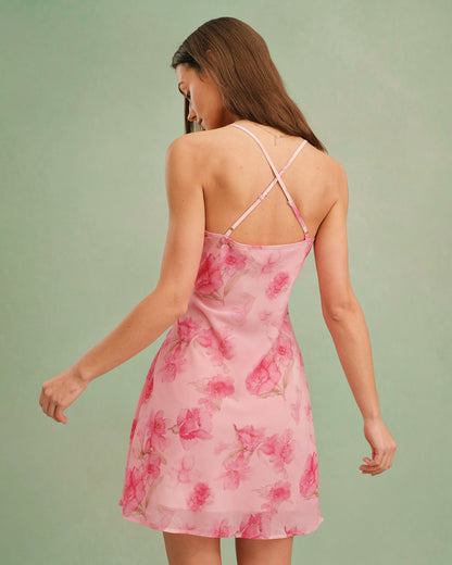 Rosa Blumen Cowl Neck Slip Mini Kleid