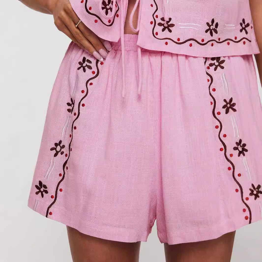 Damen Zweiteiliges Sommer-Set mit Blumenstickerei