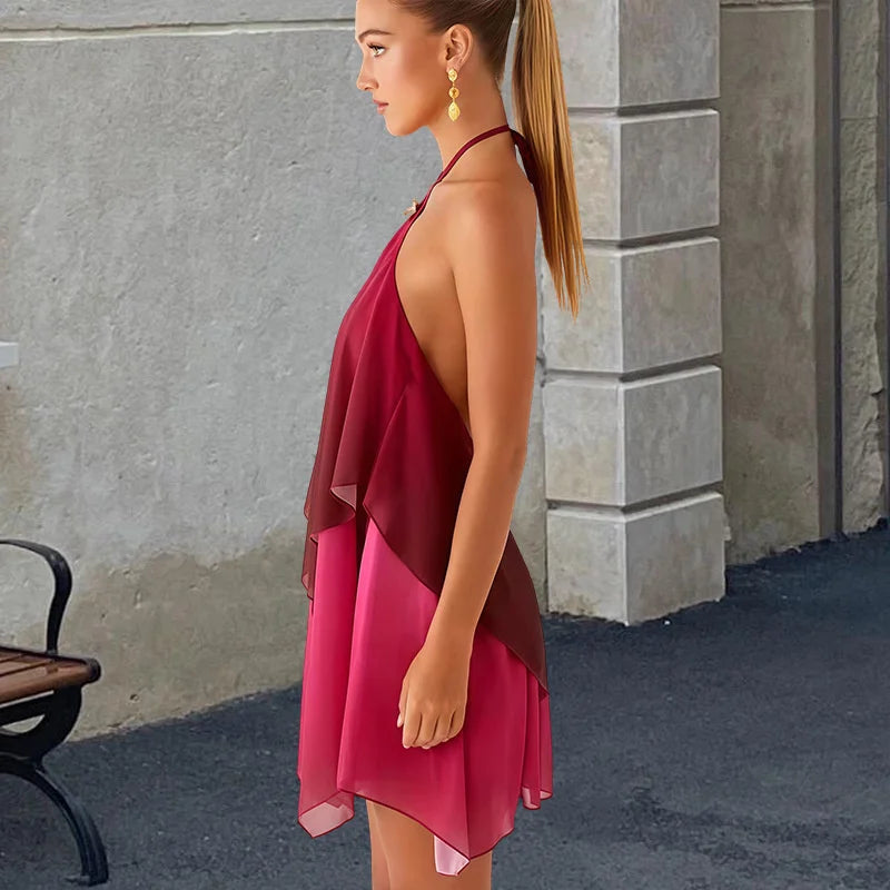 Rosa Farbverlauf Mini Kleid mit Rüschensaum