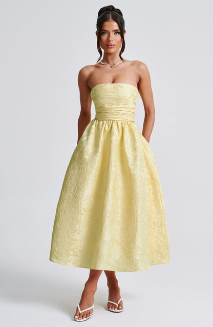 Florales Jacquard trägerloses Midikleid in Zitronengelb