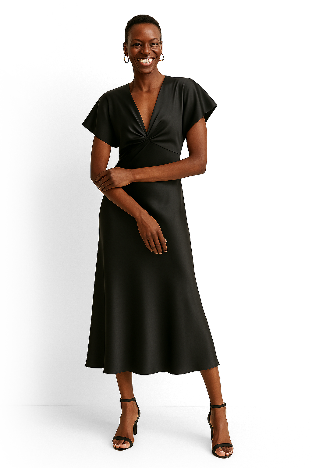 Satin Halbarm Midi Kleid Schwarz