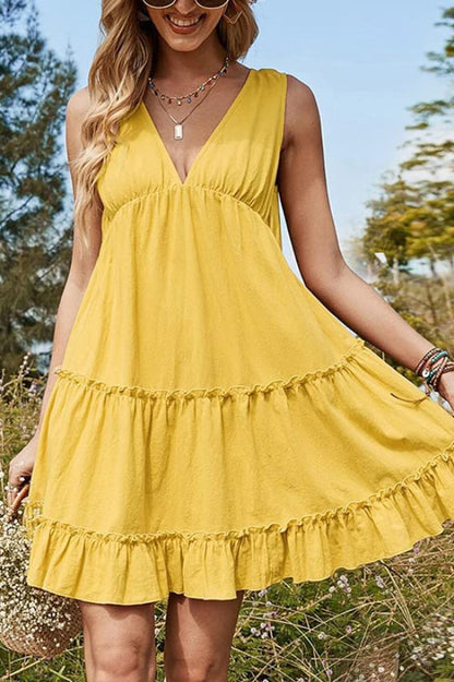 Damen V-Ausschnitt Ärmelloses Lässiges Lockeres Mini-Kleid