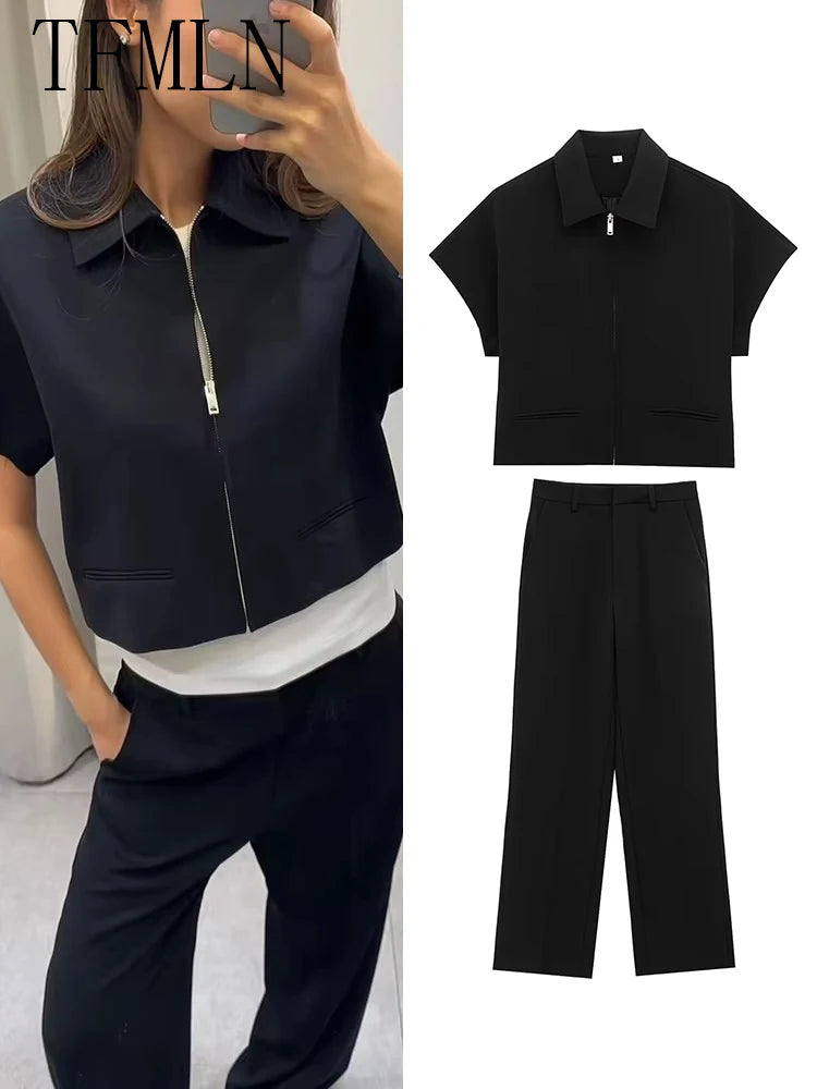 Damen Schlanke Reversjacke mit Reißverschluss und kurzen Ärmeln, Set mit weitem Hosenbein, Schwarz
