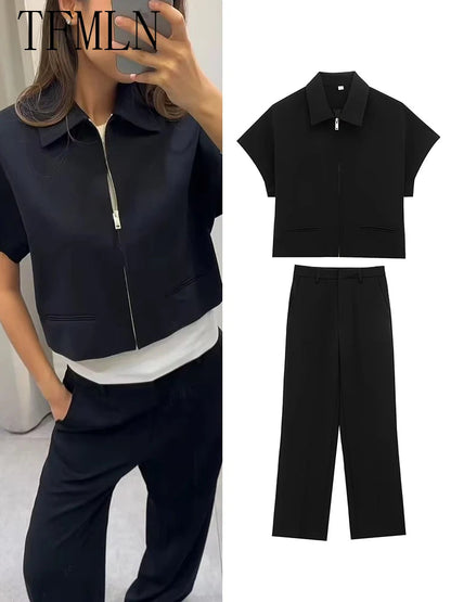Damen Schlanke Reversjacke mit Reißverschluss und kurzen Ärmeln, Set mit weitem Hosenbein, Schwarz