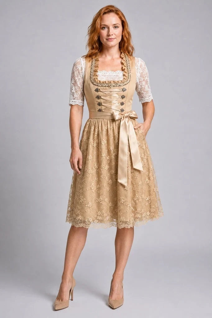 Damen-Dirndl mit Schnürmieder und knielangem Rock