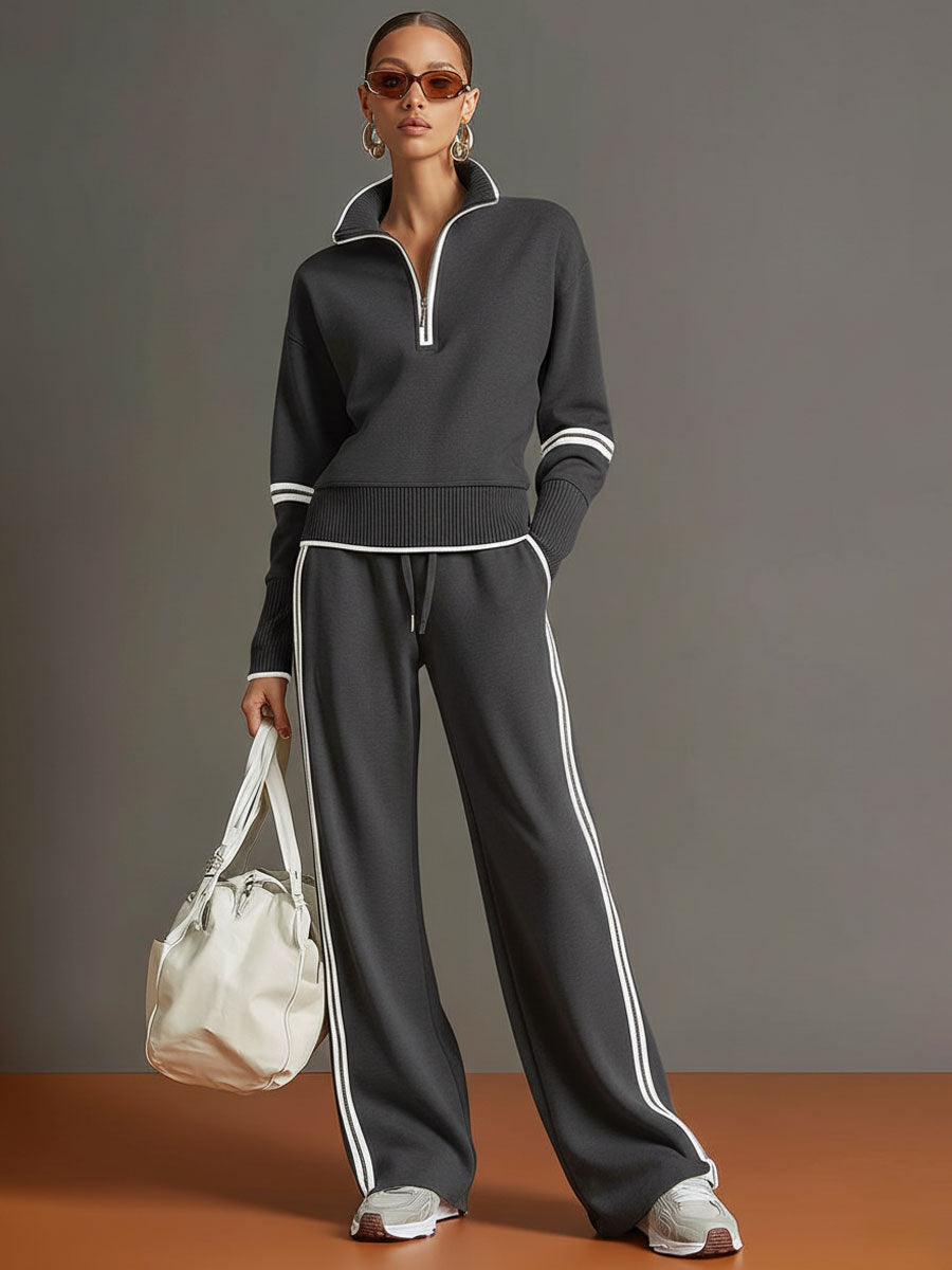 Pullover mit halbem Reißverschluss & Hose mit weitem Bein Set