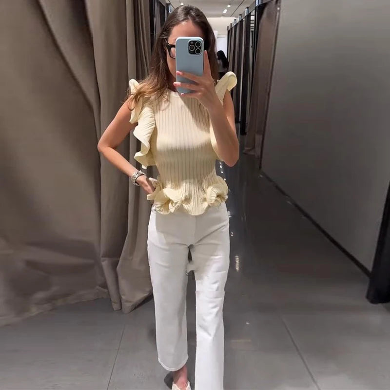 Damen Slim Fit Ärmellose Bluse mit Rüschensaum Leichtgewichtig