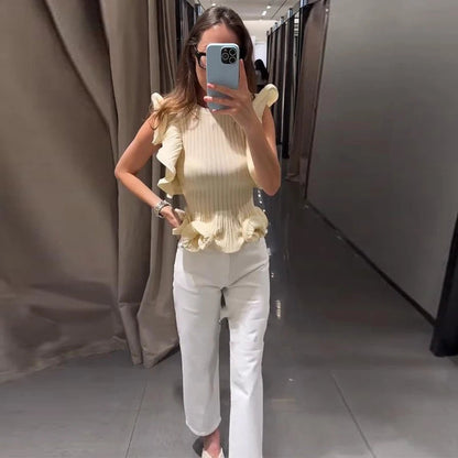 Damen Slim Fit Ärmellose Bluse mit Rüschensaum Leichtgewichtig