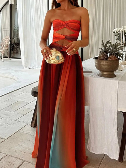 Schulterfreies Maxikleid mit Cut-Out und Farbverlauf in Orange