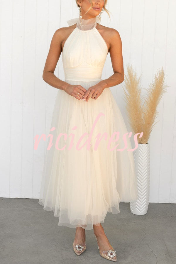 Maxikleid mit Neckholder und gerafften Details aus Tüll