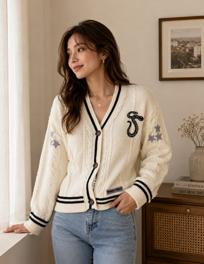 Damen Strickjacke Im College Stil Mit Zopfmuster