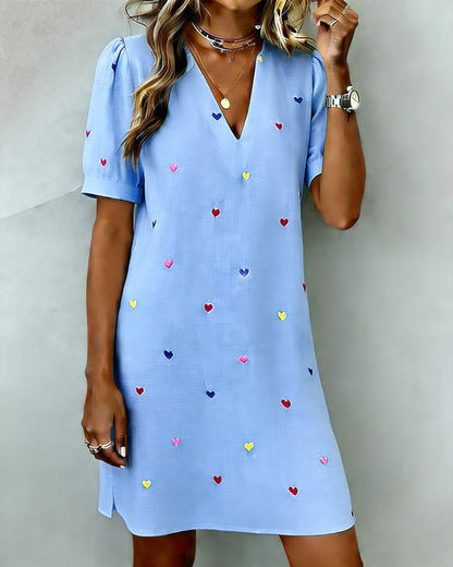 Buntes Herzmuster V-Ausschnitt Kleid