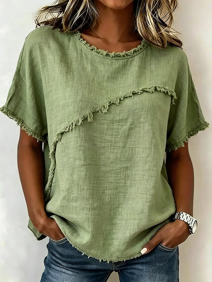 Damen Kurzarm-T-Shirt mit Rundhals und Fransen im Detail