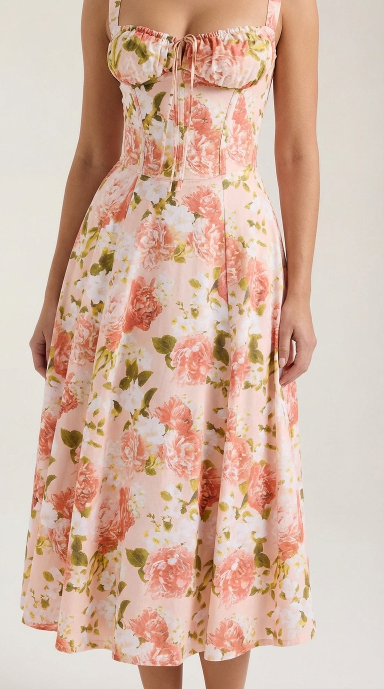 Damen Midikleid mit Blumenmuster Hochzeitsgastkleid