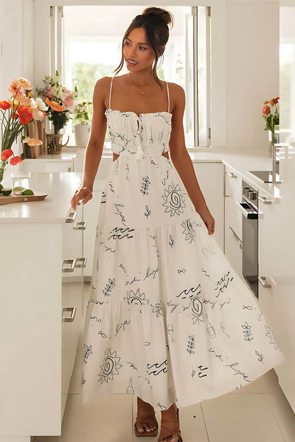 Bedrucktes ärmelloses Midikleid aus Polyester Weiß