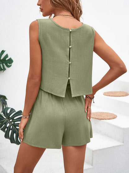 Lässiger Damen Zweiteiler mit ärmellosem Tanktop und Shorts mit Taschen