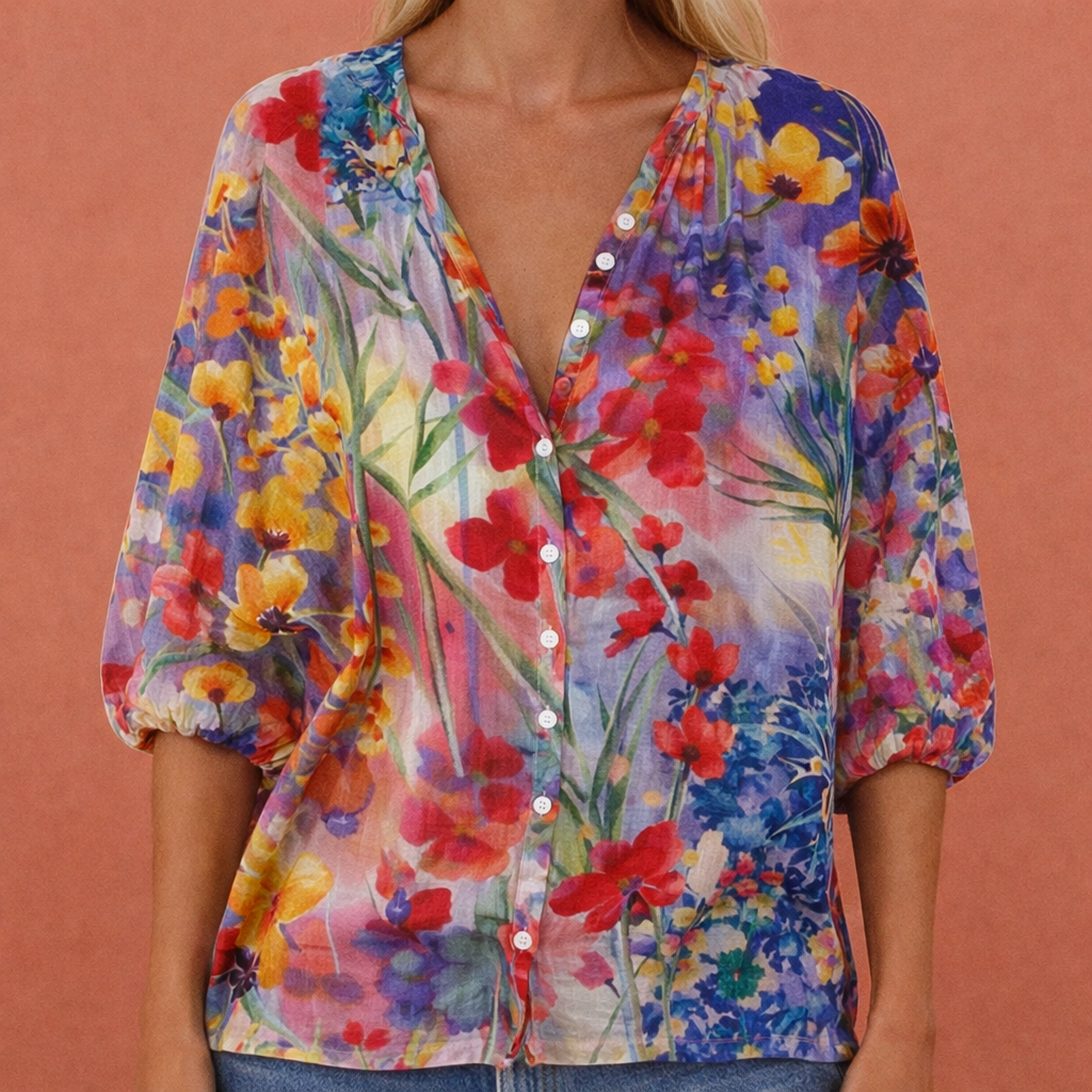 Damen V-Ausschnitt Bedruckte Bluse mit Knopfleiste