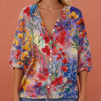 Damen V-Ausschnitt Bedruckte Bluse mit Knopfleiste