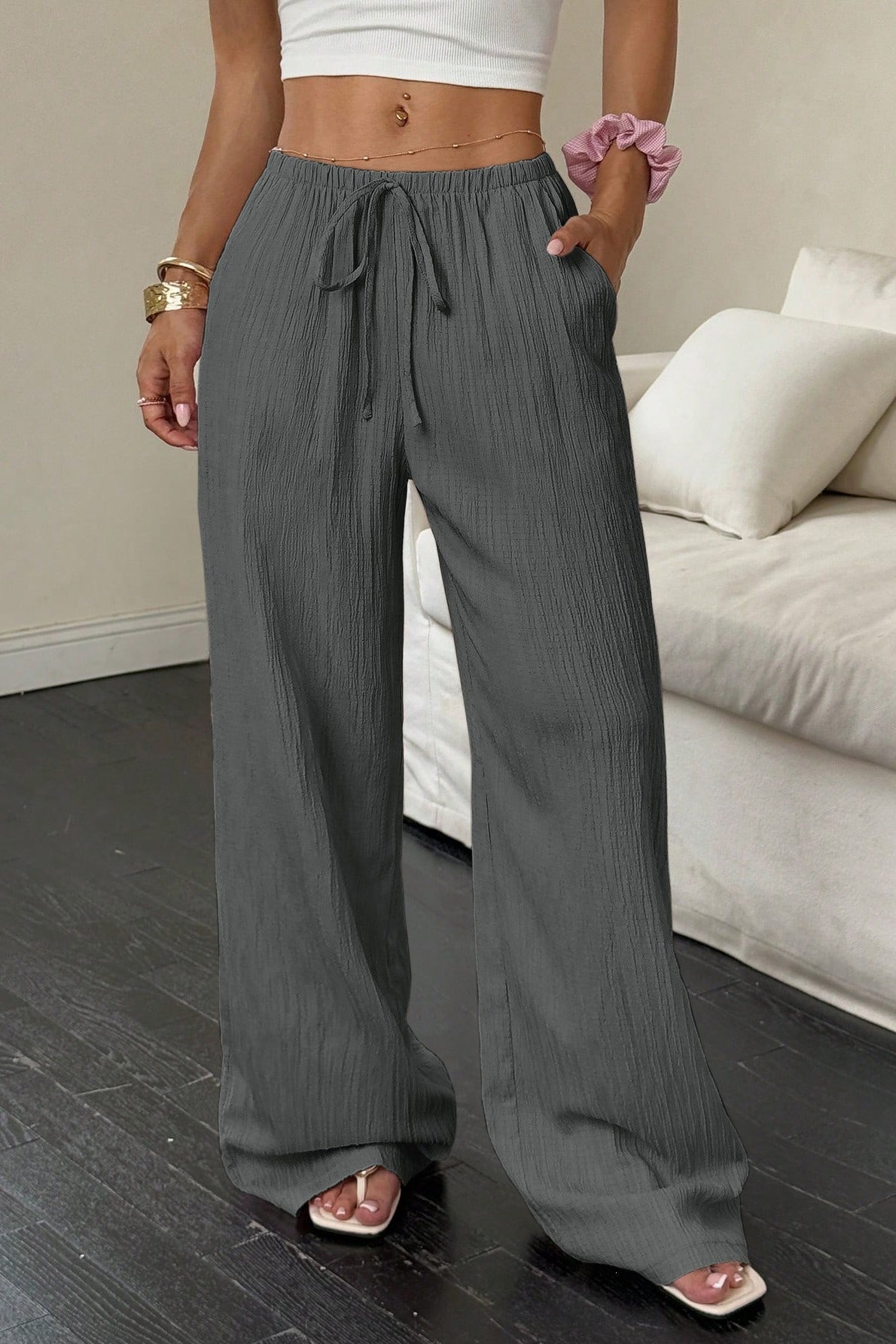 Damen Wide Leg Hose Mit Knotenbund Und Struktur