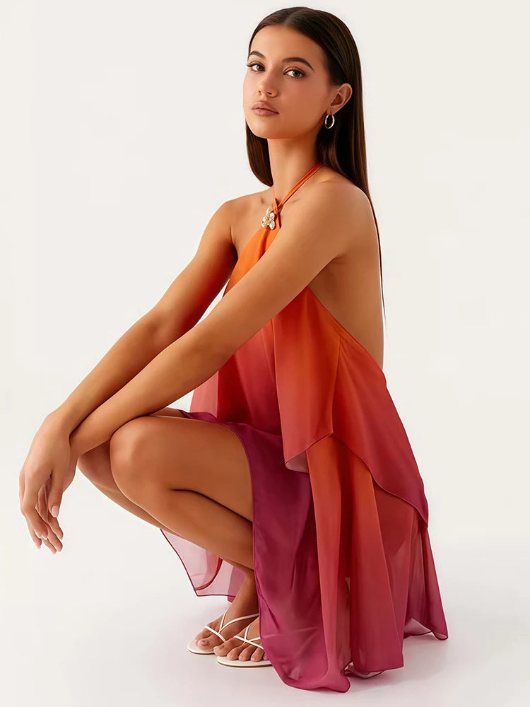 Rosa Farbverlauf Mini Kleid mit Rüschensaum