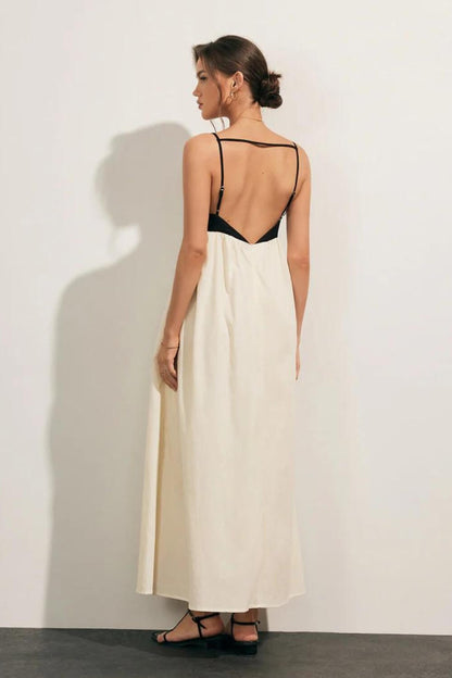 Midi-Kleid aus Leinen-Baumwoll-Mischung, locker geschnitten, schwarz-weiß