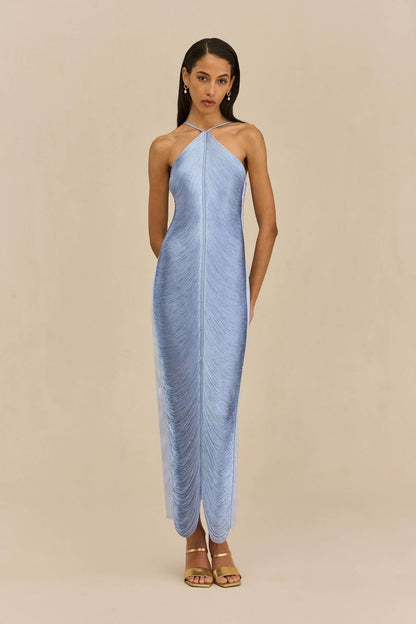Elegantes langes Damenkleid mit raffiniertem Schlitz und Kragen