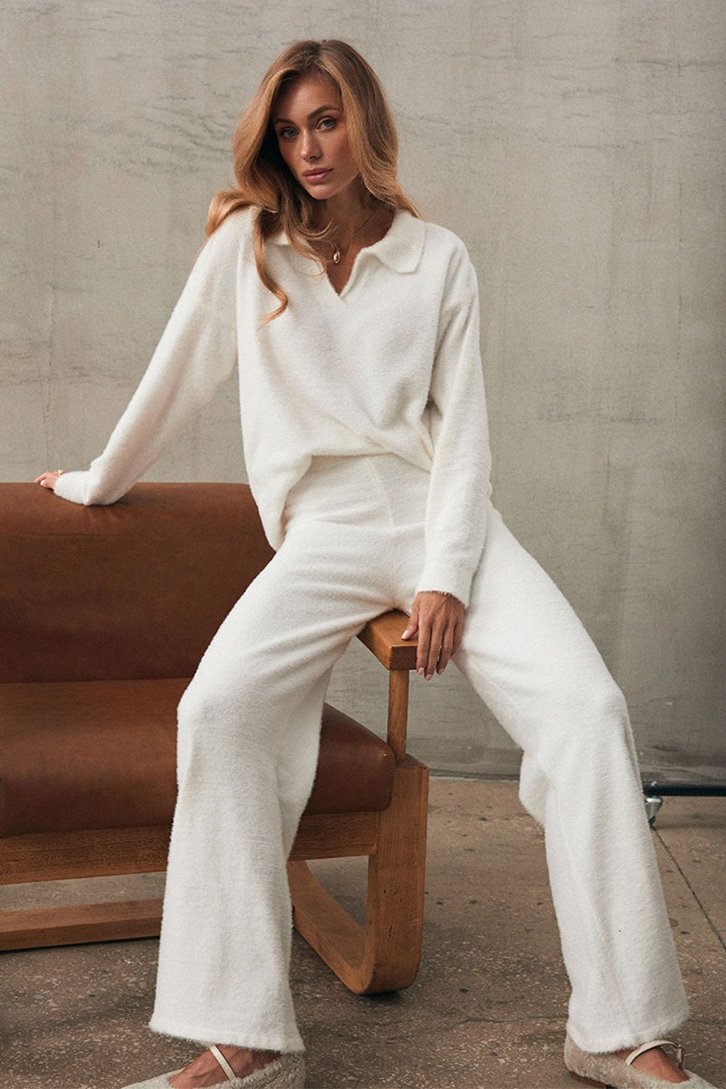 Damen Kunstfell Pullover Set Mit Weiter Hose
