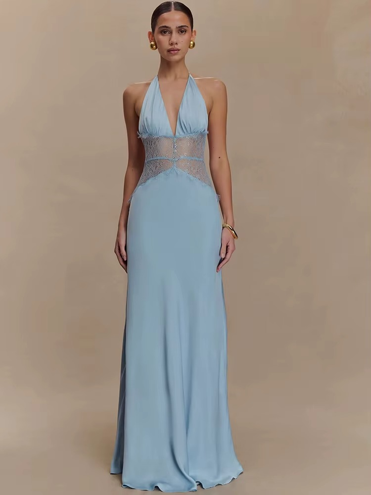Maxikleid mit Neckholder, Spitzenbesatz und rückenfreiem Design