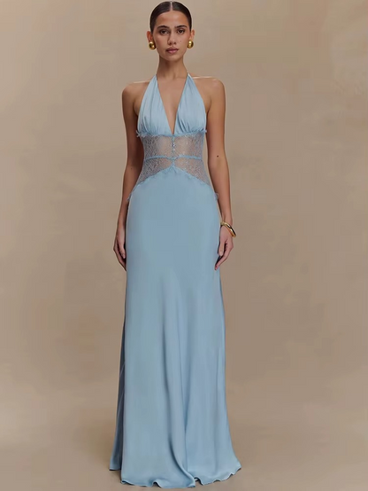 Maxikleid mit Neckholder, Spitzenbesatz und rückenfreiem Design