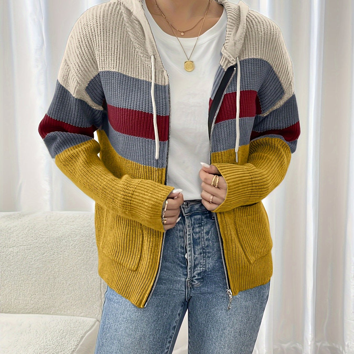 Damen Cardigan Mit Kapuze Im Farbblockdesign