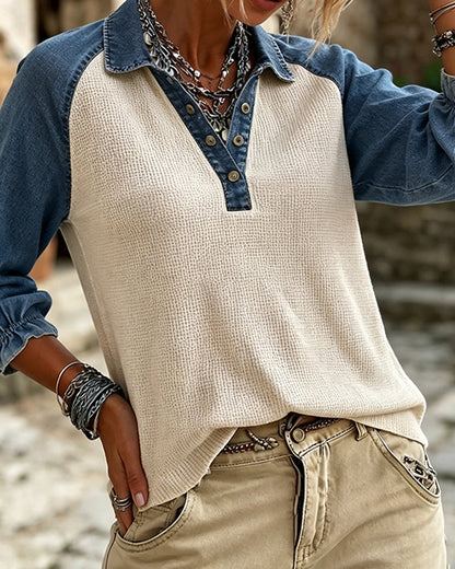 Damenbluse mit Kontrastdetails im Denim-Look und langen Ärmeln