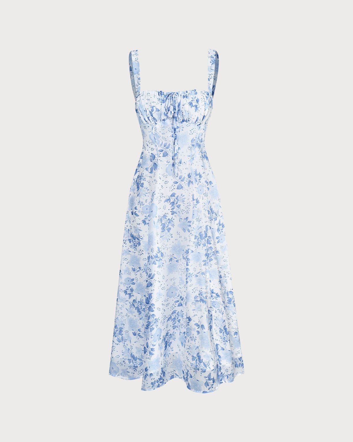 Blaues Midikleid mit Blumendruck, Raffung und quadratischem Ausschnitt