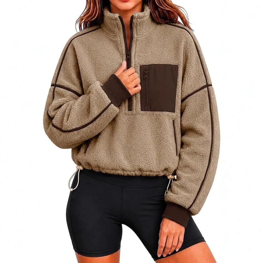 Seitenansicht des Damen-Sweatshirts mit kurzem Schnitt und Rundhals
