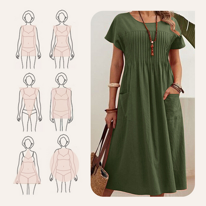 Plissiertes Midikleid mit kurzen Ärmeln und Taschen
