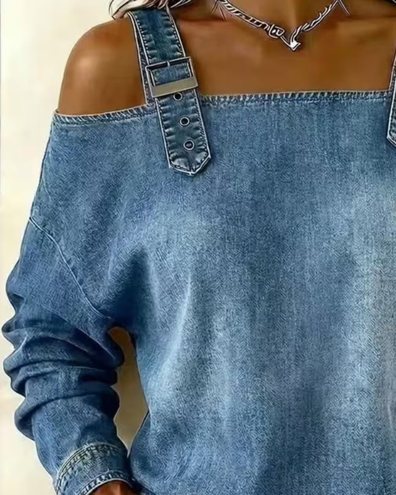 Jeansbluse für Damen mit Metallknöpfen und offenen Schultern