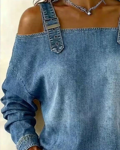 Jeansbluse für Damen mit Metallknöpfen und offenen Schultern