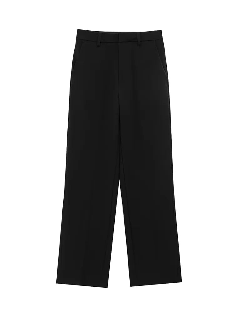 Damen Schlanke Reversjacke mit Reißverschluss und kurzen Ärmeln, Set mit weitem Hosenbein, Schwarz