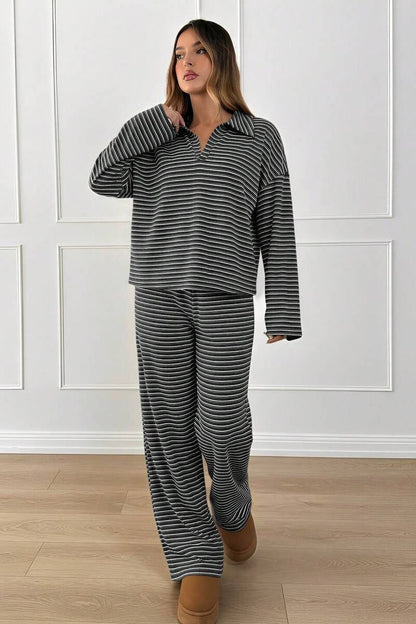 Damen Lounge Set mit Kragen und Kontraststreifen