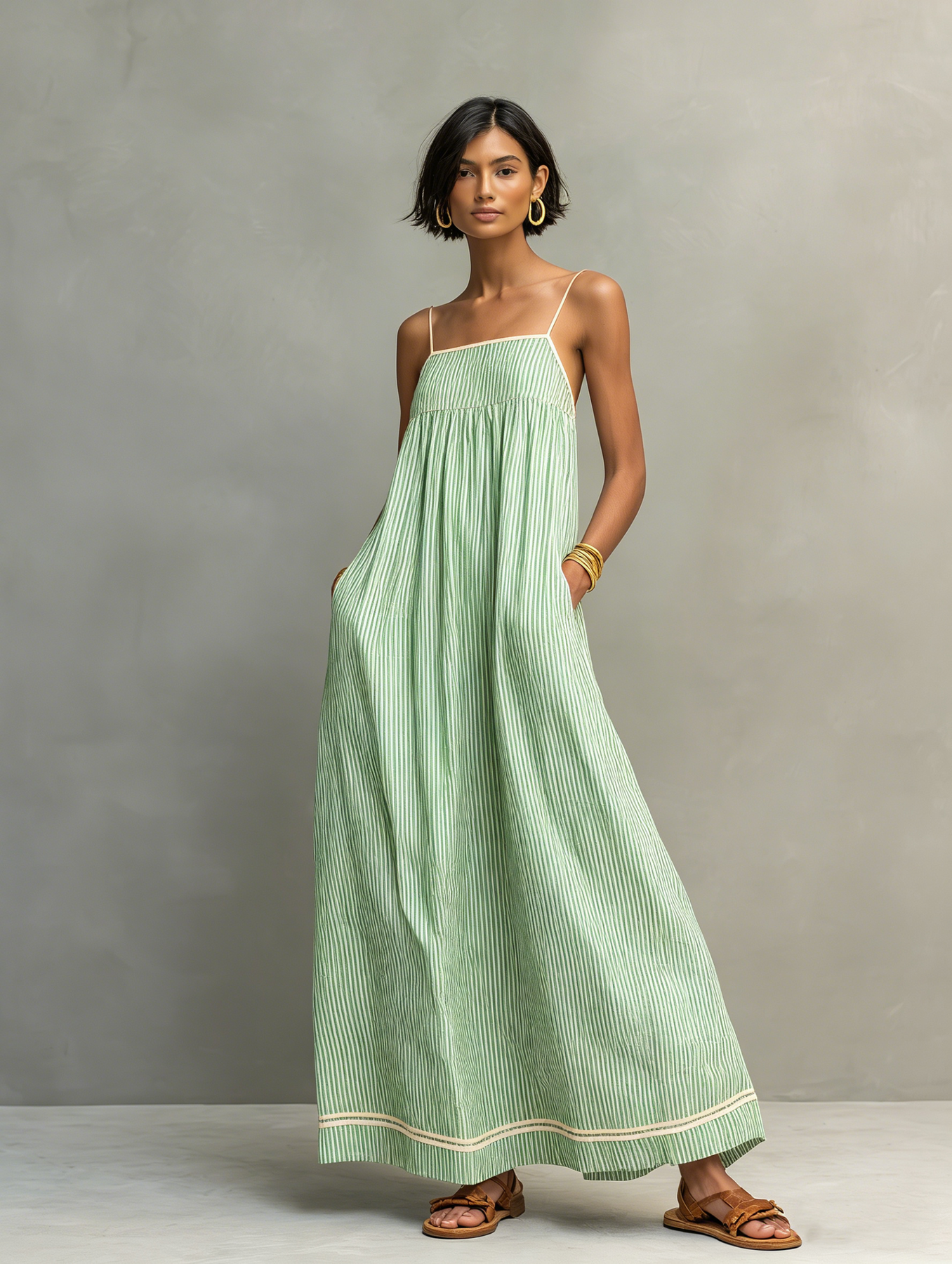 Gestreiftes Damen Maxikleid mit lockerem Schnitt von vorne fotografiert