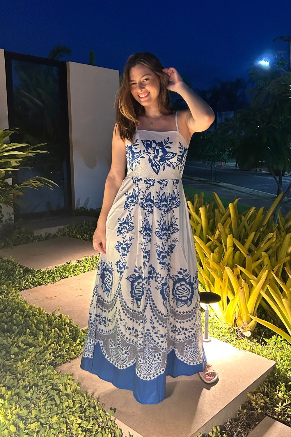 Spaghettiträger Polyester Midi Kleid Blau